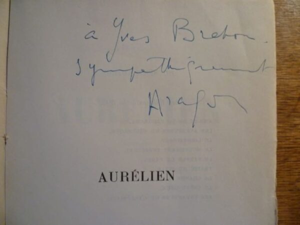 ARAGON LOUIS. Aurélien. Édition originale sur pur fil. Envoi d'Aragon.